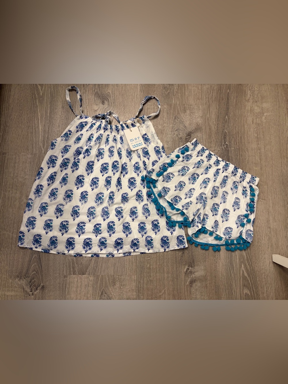 Girl's Mer St. Barth White & Blue Printed Pom Trim Tank + Shorts Set- NWT-Size 8